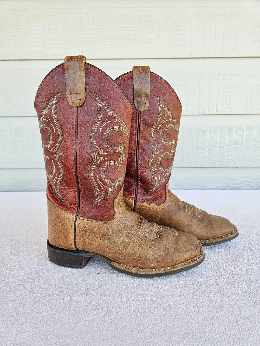 Old West Broad Square Toe Leather Western Cowboy Boots Youth SZ 5.5 Brown Red